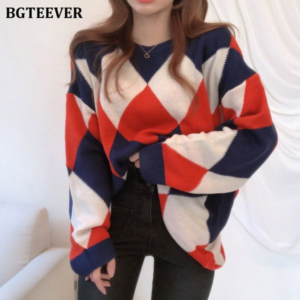 

bgteever oversize loose o-neck argyle patchwork female knitted sweaters winter casual mid-length women pullovers jumpers 2019, White;black