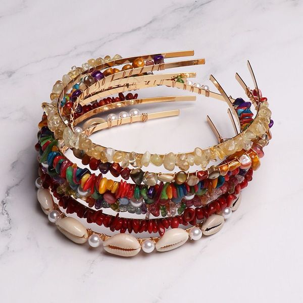 

1pc handmade braided colorful stones hairbands imitiation pearl shell headbands summer beach hair bands hair accessories, Brown