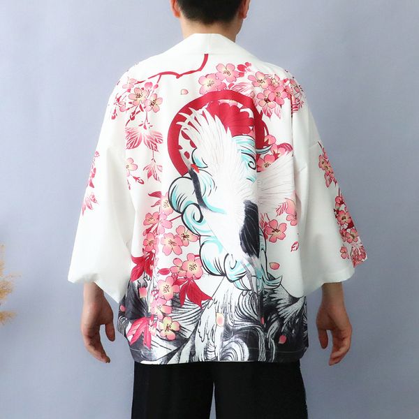 

MarchWind Japanese Style Kimono Jackets Crane Floral 2019 Men Harajuku Streetwear Short Jacket Casual Thin Gown Sweat Wear Japan Summer