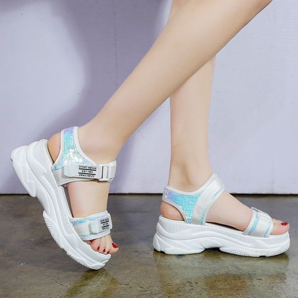 

rimocy silver glitter high platform sandals women thick bottom comfortable hook loop summer shoes woman casual sandalias mujer, Black