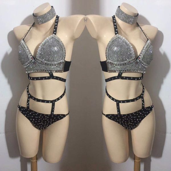 

women silver flashing full rhinestones bra short birthday celebrate prom show bikini set nightclub singer dance festival outfit, Black;red