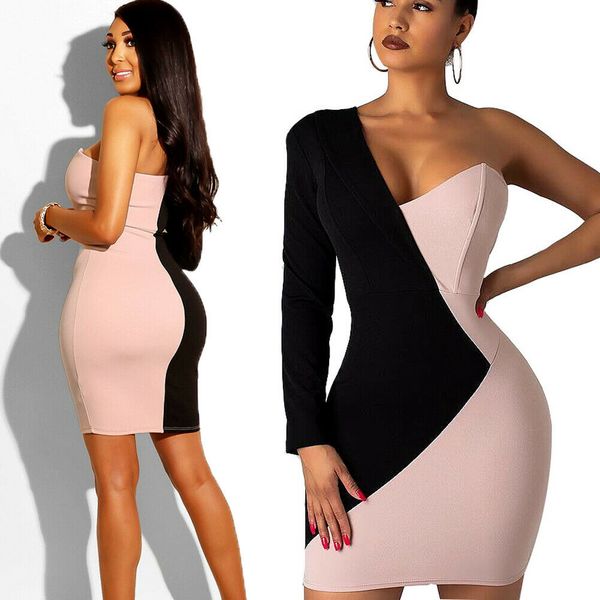

2019 women's bandage bodycon long sleeve patchwork one shoulder evening party club short elegant mini dress, Black;gray