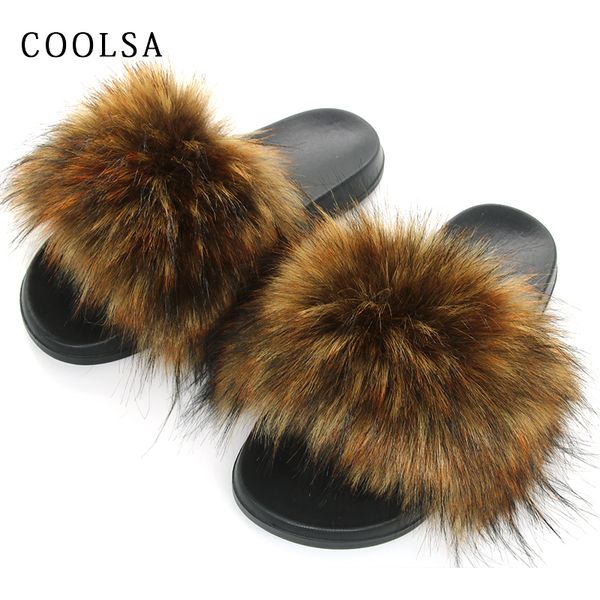 

new winter faux fur slippers women fur slides fluffy fox fur sandals flat female home slippers woman furry flip flop plush shoes t200411, Black
