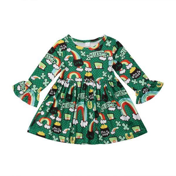 

long sleeve clover print dress for toddler girl autumn winter clothes, Red;yellow
