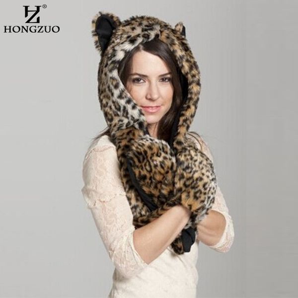 

hongzuo brand animal cap 2017 winter new women fashion leopard warm faux fur scarf hat glove sets pc188, Blue;gray