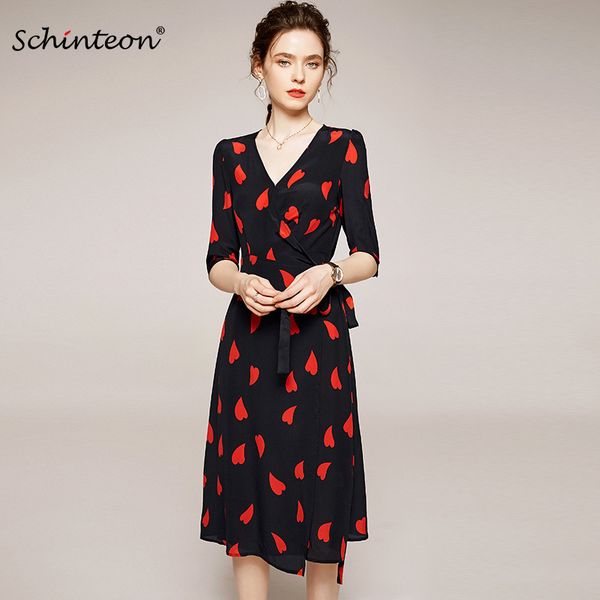 

schinteon women 100% real silk heart print dress v-neck collar half sleeved elegant a-lined long black knee length dresses, White;black