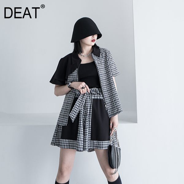 

deat] women plaid spliced hit color blouse new lapel short sleeve loose fit shirt fashion tide spring autumn 2020 13p935, White