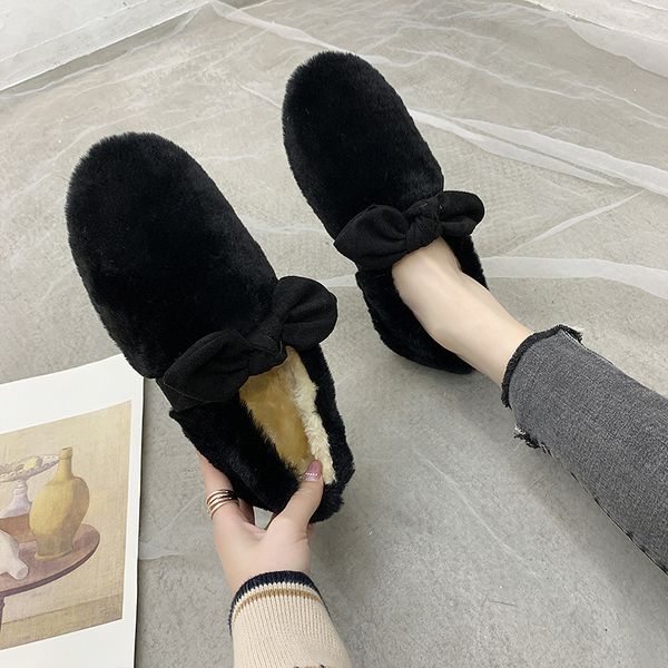 

women's net red flat cute plush flock cotton shoes zapatos de mujer flat shoes women fashion solid color shallow mouth, Black