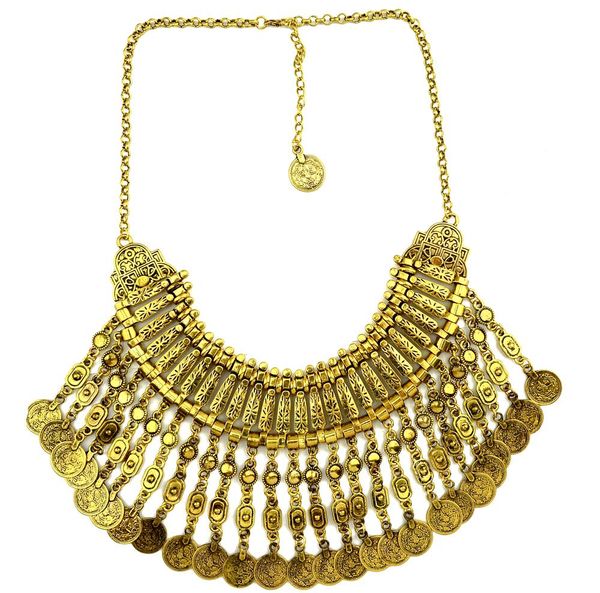 

idealway zamac ювелирные изделия новое заявление vintage style silver golden высекая цветок handcraft звенели монеты fringe себе ожерелья