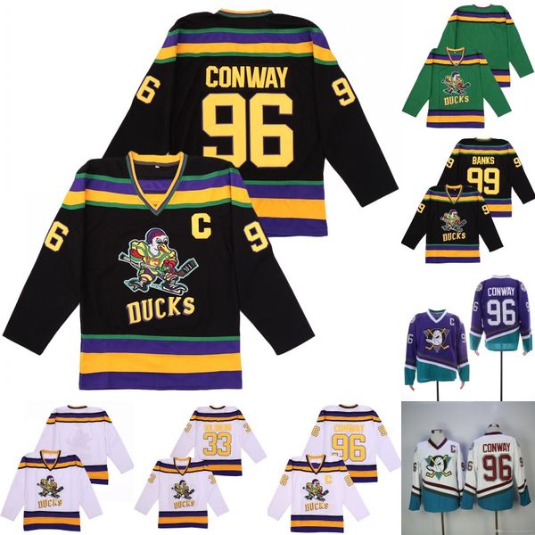 

mighty ducks of anaheim movie jersey 33 greg goldberg 96 charlie conway 99 adam banks ice hockey jerseys black green white purple, Black;red