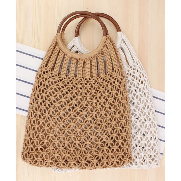 

lovevook woven bags female handmade women handbags beach bags with wooden handle summer straw for travel bohemia cotton