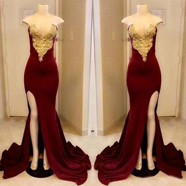 

Long Dark Red Prom Dresses Mermaid 2019 Strapless Gold Applique With High Slit Party Dresses Floor Length Formal Pageant Gowns Custom made