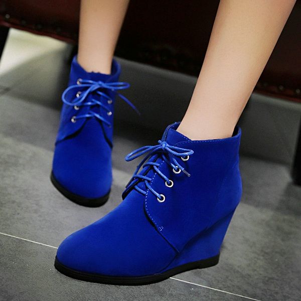 

lace up ankle boots for women comfortable wedge high heel booties casual blue brown black autumn winter boots 2020 dropshipping