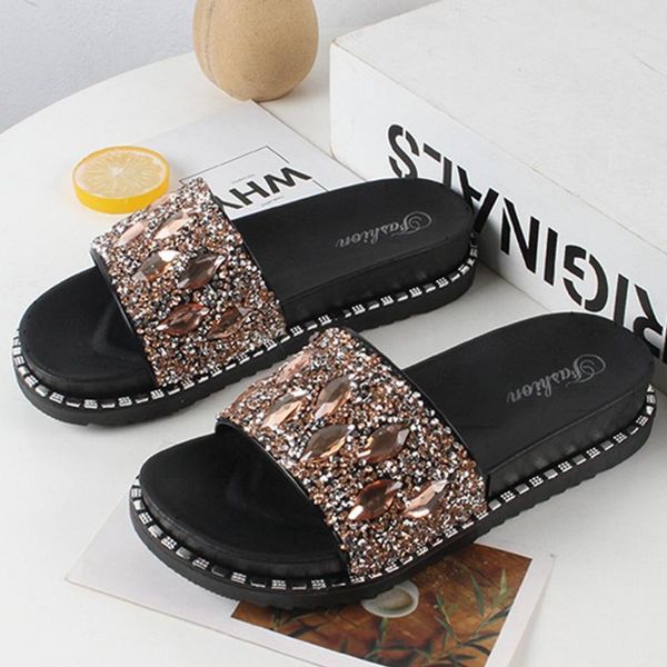 

crystal diamond summer slippers women bling open toe shoes women flat with slip-on casual beach slippers zapatos de mujer, Black
