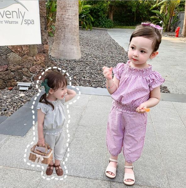 

2020 wholesale girls 2 pcs plaid set shirt+pants summer cool fashion girls suits 1-7t qa134, White