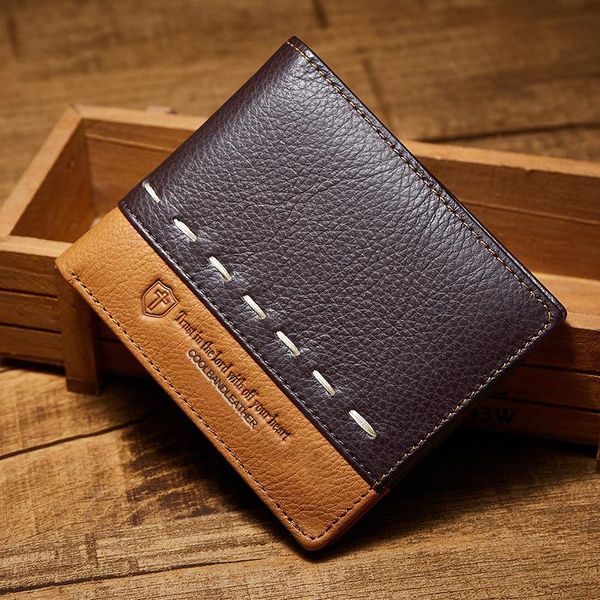 

men short piecing true leather wallets bifold card holder p holder cowhide wallet 11*9.5*1.2cm x108, Brown;gray