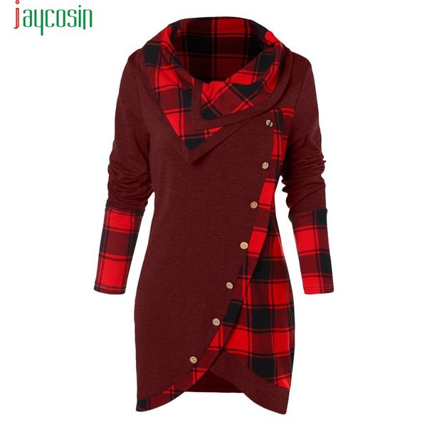 

jaycosin winter women shirt button girl clothing women long sleeve plaid turtleneck tartantunic sweatshirt female pullover, Black