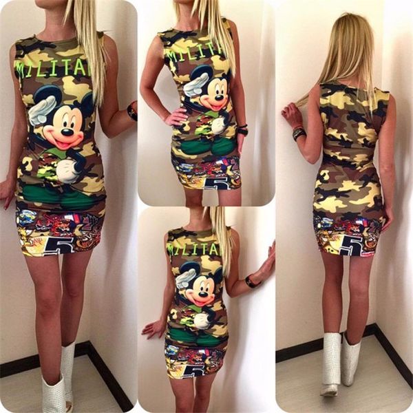 

slim casual cartoon printed dress women cute camouflage mini package hip dress 2019 new summer short sleeve dress vestidos, Black;gray