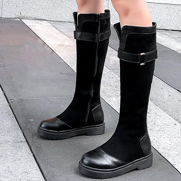 

splicing round head belt buckle zipper long tube boots fashion casual wild long tube boots large size winter women 2019, Black