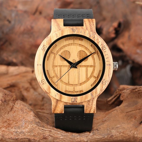

unique one piece wood watches men engraved skull dial pure bamboo wood clock man quartz analog black genuine leather band watch, Slivery;brown