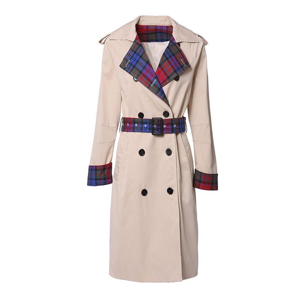 

2020 women's new long sleeve plaid panel casual fit style trench coat with belt, Tan;black