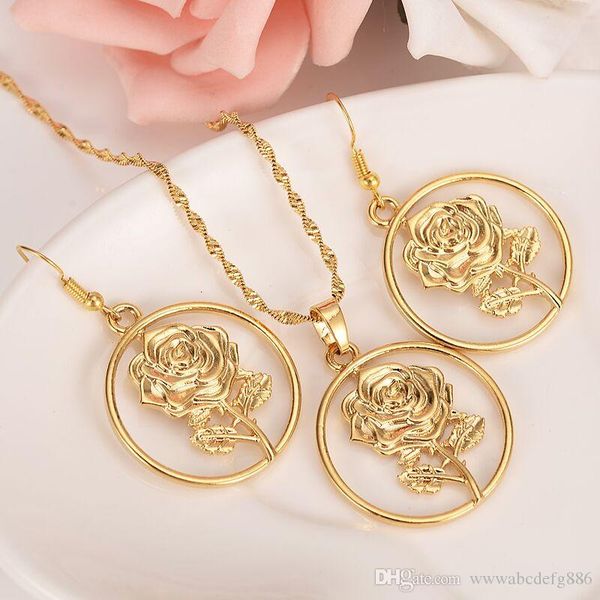

lucky rich jewelry set big golden earrings pendant necklace chain rose flower lady 24 k yellow gold filled, Silver