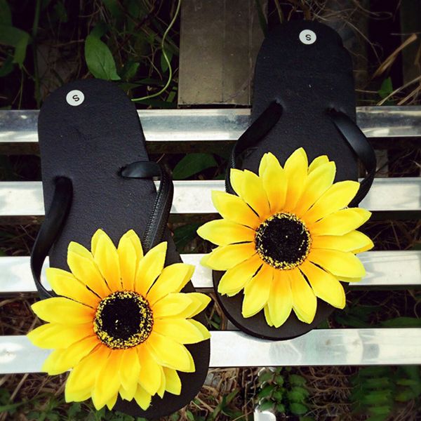 

new original cute summer slippers sandals shoe flip with fresh sun flower daisy flat sand beach slippers handmade, Black