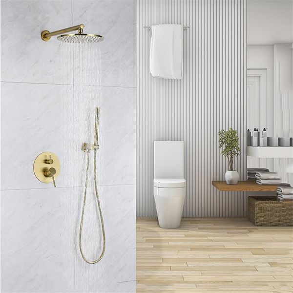 

brass brushed gold bathroom shower set rianfall head shower faucet wall mounted shower arm mixer water set 8-12inch