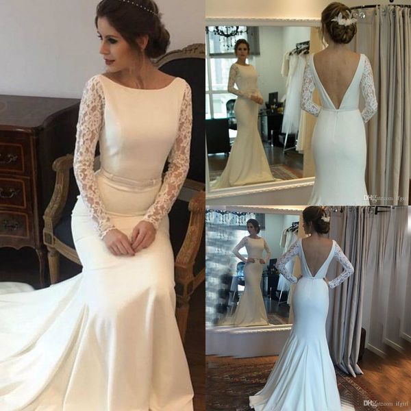 

elegant long sleeve mermaid wedding dresses with sashes jewel neck backless wedding dress vestidos de novia satin country bridal gowns, White