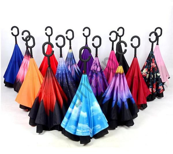 

creative inverted umbrellas double layer with c handle inside out covering cloth windproof umbrella 84 design