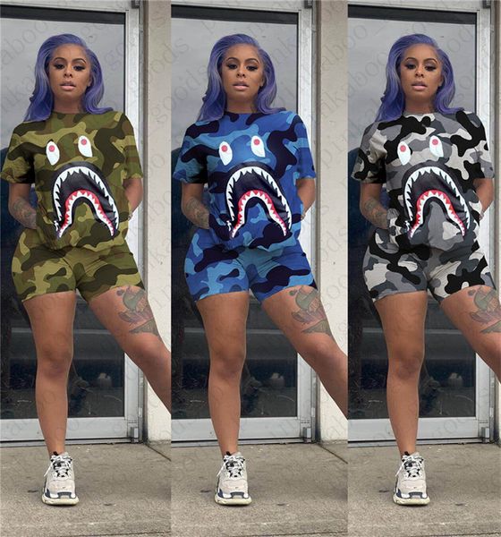 

женщины лето дизайн камо шорты комплект акулы рот печати с коротким рукавом футболки пуловеры топы + шорты брюки 2 шт наборы экипировка спор, Gray