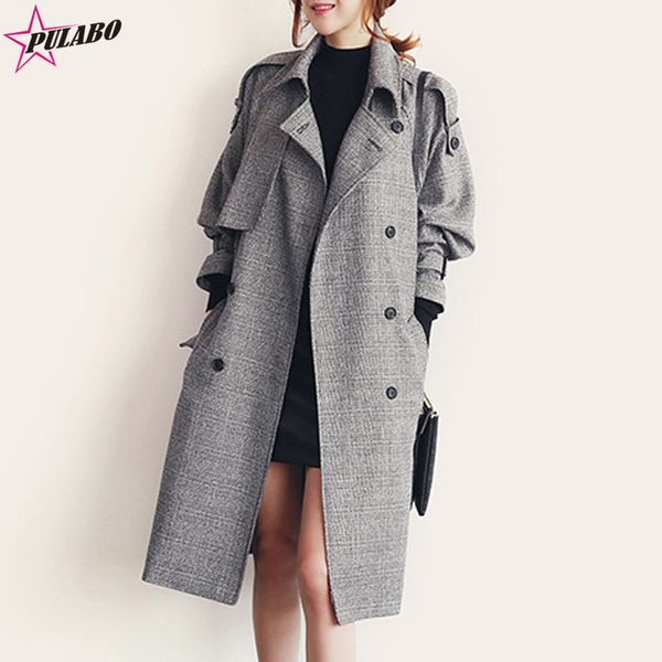 

female double-breasted overcoat long sleeve turn-down collar slim women gray woolen coats spring autumn windproof warm jacket, Black