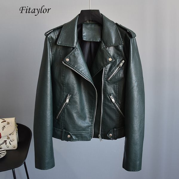 

fitaylor 2019 spring women faux soft leather jacket coat black green rivet zipper jacket motorcycle pu leather punk outerwear