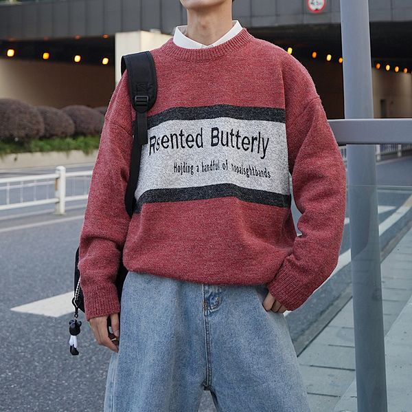 

uyukautumn winter 2019 new loose knit men s round neck style embroidered alphabet artistic sweater hombre casual, White;black