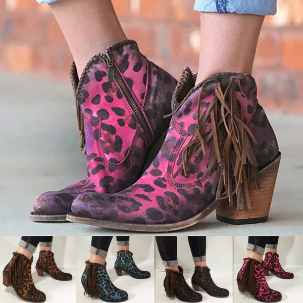 

muqgew women's boots ladies rome pointed toe shoes boots large size fringe chunky heels short shoes chaussures femme 2019, Black
