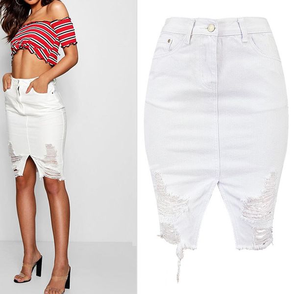 

2019 ripped high waist women skirt hip package women pencil skirt summer white denim female jupe faldas saias, Black