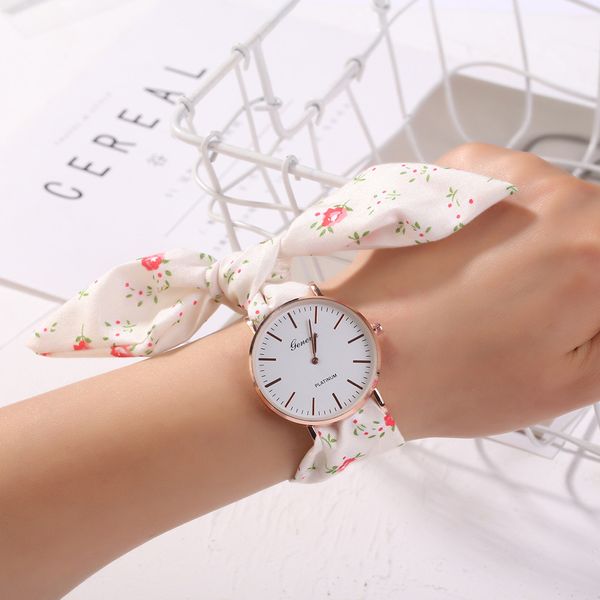 

geneva fashion ladies watch floral strap bracelet watch fabric casual women quartz wrist watches white dial relojes para mujer, Slivery;brown