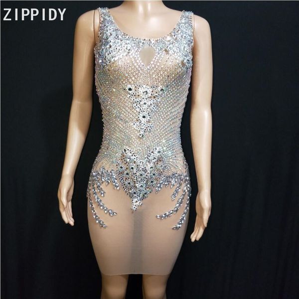 

bright silver rhinestones mesh dress women's birthday celebrate dress bar singer show see through outfit prom, Black;red
