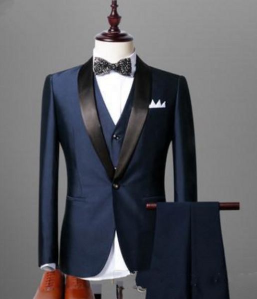 

excellent navy blue groom tuxedos black shawl lapel groomsmen mens wedding dress man jacket blazer business suit(jacket+pants+vest+tie) 1676, Black;gray