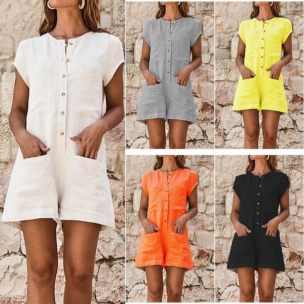 

high women cotton linen plus size button down jumpsuit shorts playsuits for summer dsm, Black;white