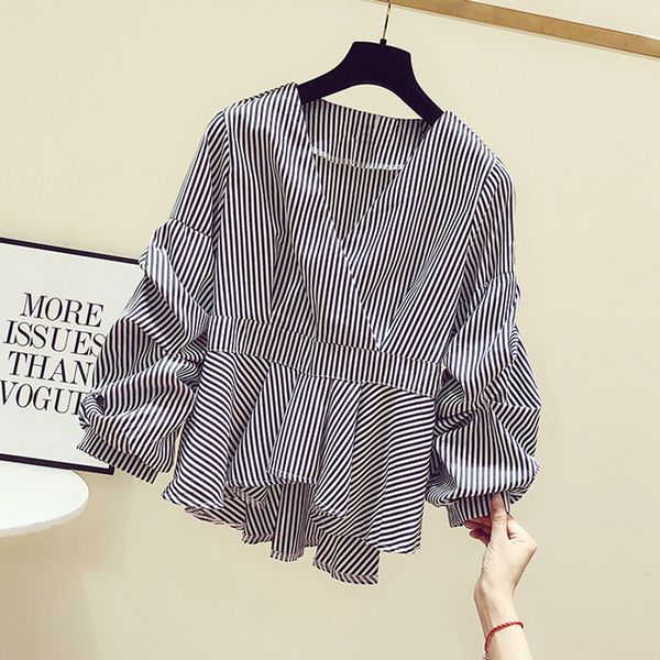 

новая корейская полосатая рубашка женщины осень плиссированные листья лотоса маятник фонарь рукав v-образным вырезом полосатая кукла рубашка, White