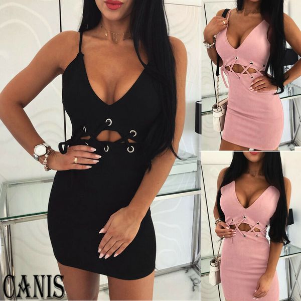 

women summer sleeveless v-neck mini dresses ladies evening party casual bodycon solid hollow out dress, Black;gray