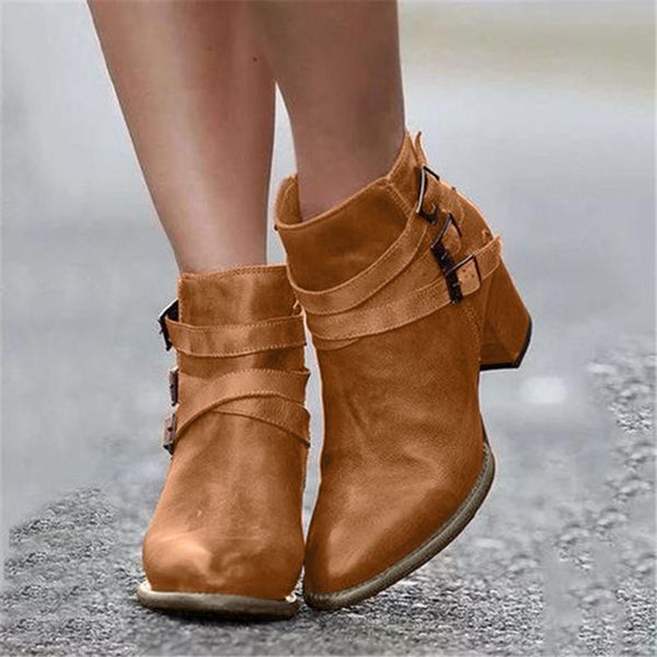 

fashion women's boots autumn winter plus size pointed toe leather adjustable buckle chunky heel ankle boots for women schoenen, Black