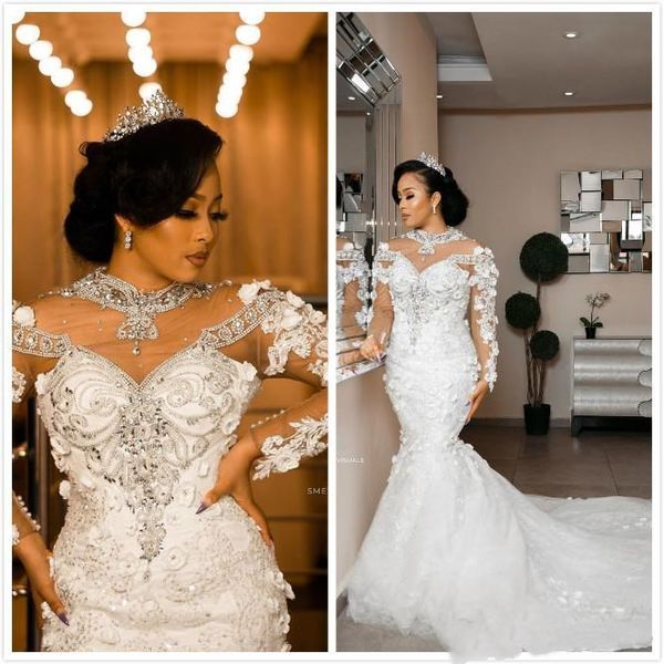 

2021 арабский aso ebi роскошные кружевные кристаллы свадебные платья sheer шеи с длинными рукавами 3d цветочные свадебные платья русалка сва, White