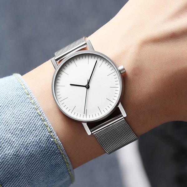 

fashion bauhaus minimalist style leather watch swiss ronda 763 movement minimal 36mm stainless steel mesh belt couple watch, Slivery;brown