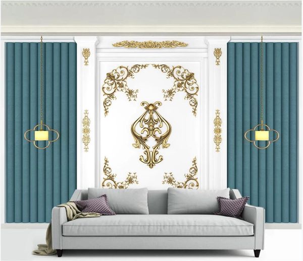 

wdbh 3d p wallpaper custom mural european luxury blue soft bag with golden carving home decor living room wallpaper for walls 3 d