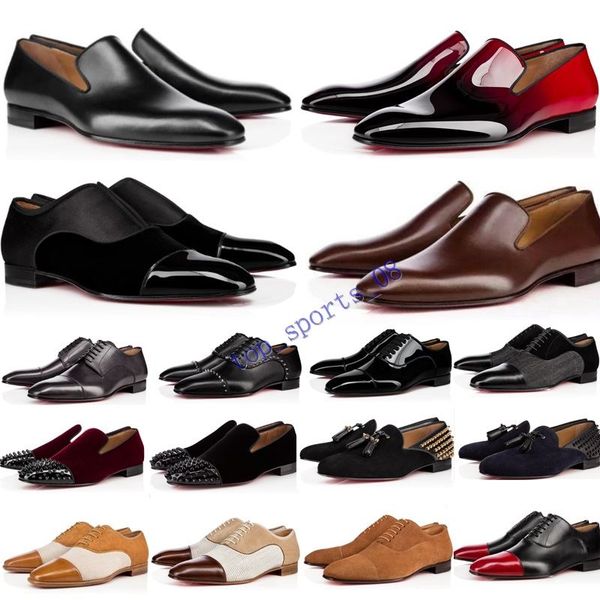 

2020 designer mens shoes loafers black red spike patent leather slip on dress wedding flats bottoms shoe for business party size 39-47