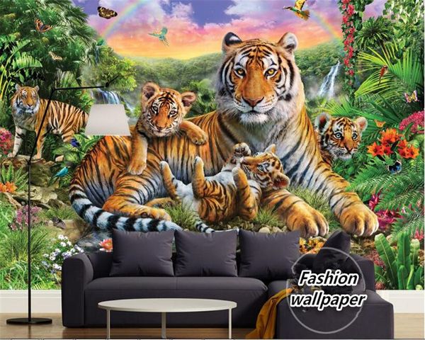 

wellyu custom fashion wallpaper tropical rain forest animal tiger plant forest waterfall butterfly papel de parede wallpaper3d