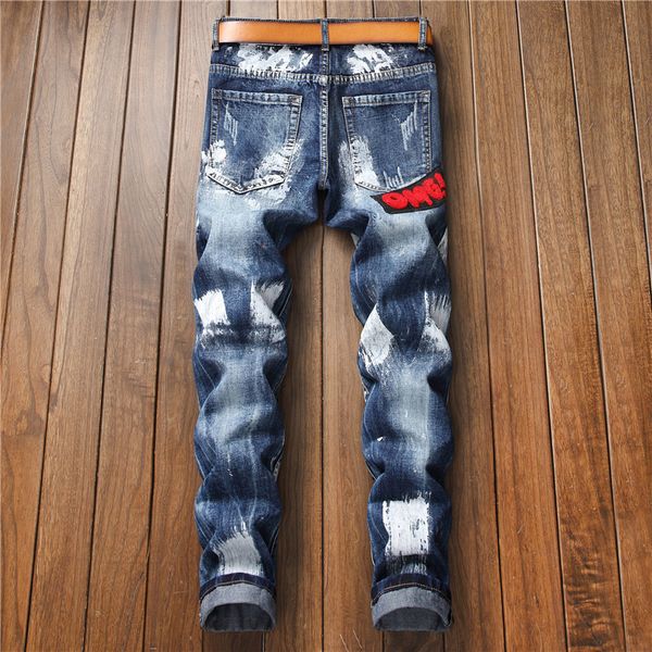 

autumn and winter new style pencil pants embroidered national flag badge paint men slim fit no bombs jeans trend men's trousers, Blue