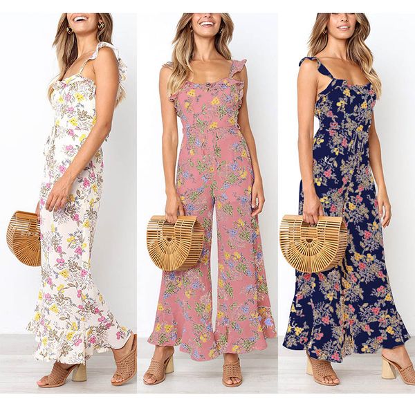 

2019 new fashion sweet women summer floral jumpsuits strappy backless sleeveless ruffled loose pants wml99, Black;white